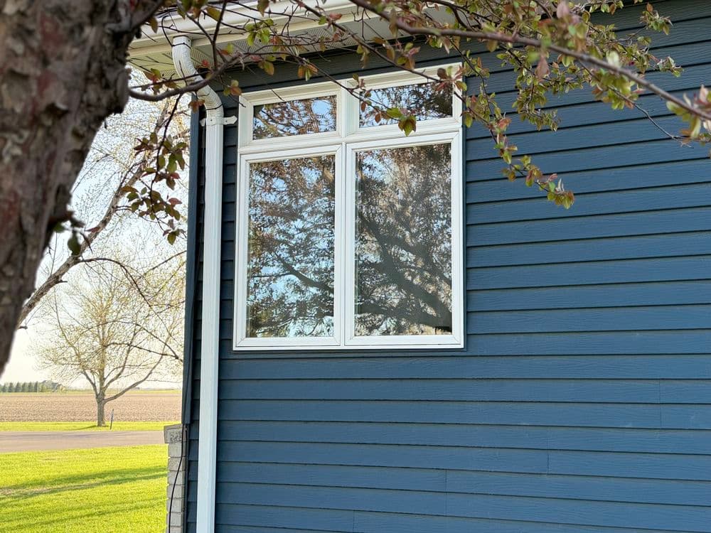 Blue house exterior with a white framed window and tree branches in the foreground.