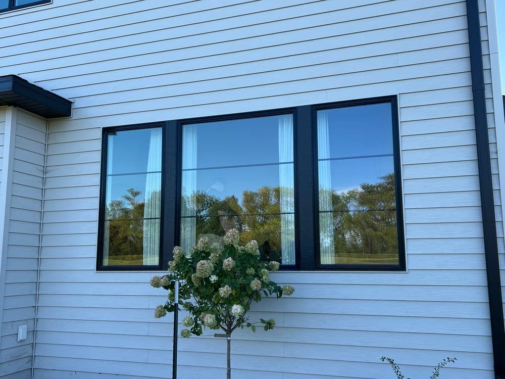 Modern black-framed windows on a light-colored home exterior with greenery nearby.